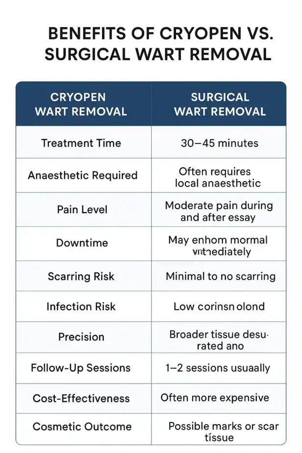 Table showing the benefits of cryopen to remove warts Buxton compared to surgical treatment